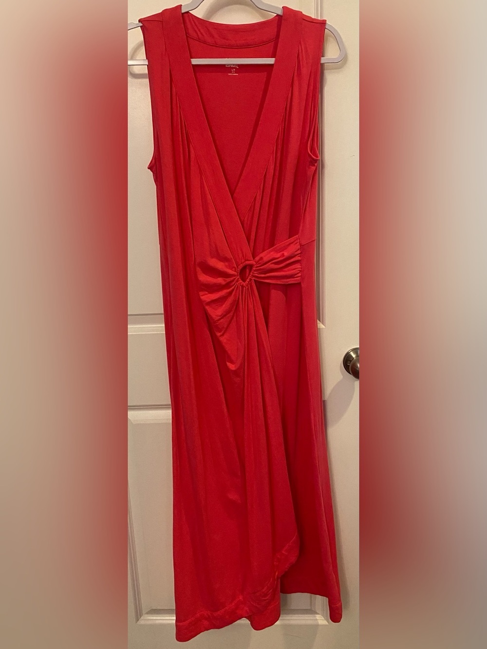 Lands’ End Sundress Sz L/P 14-16 Coral/Pink V-neck Jersey Wrap Top Ruched Waist